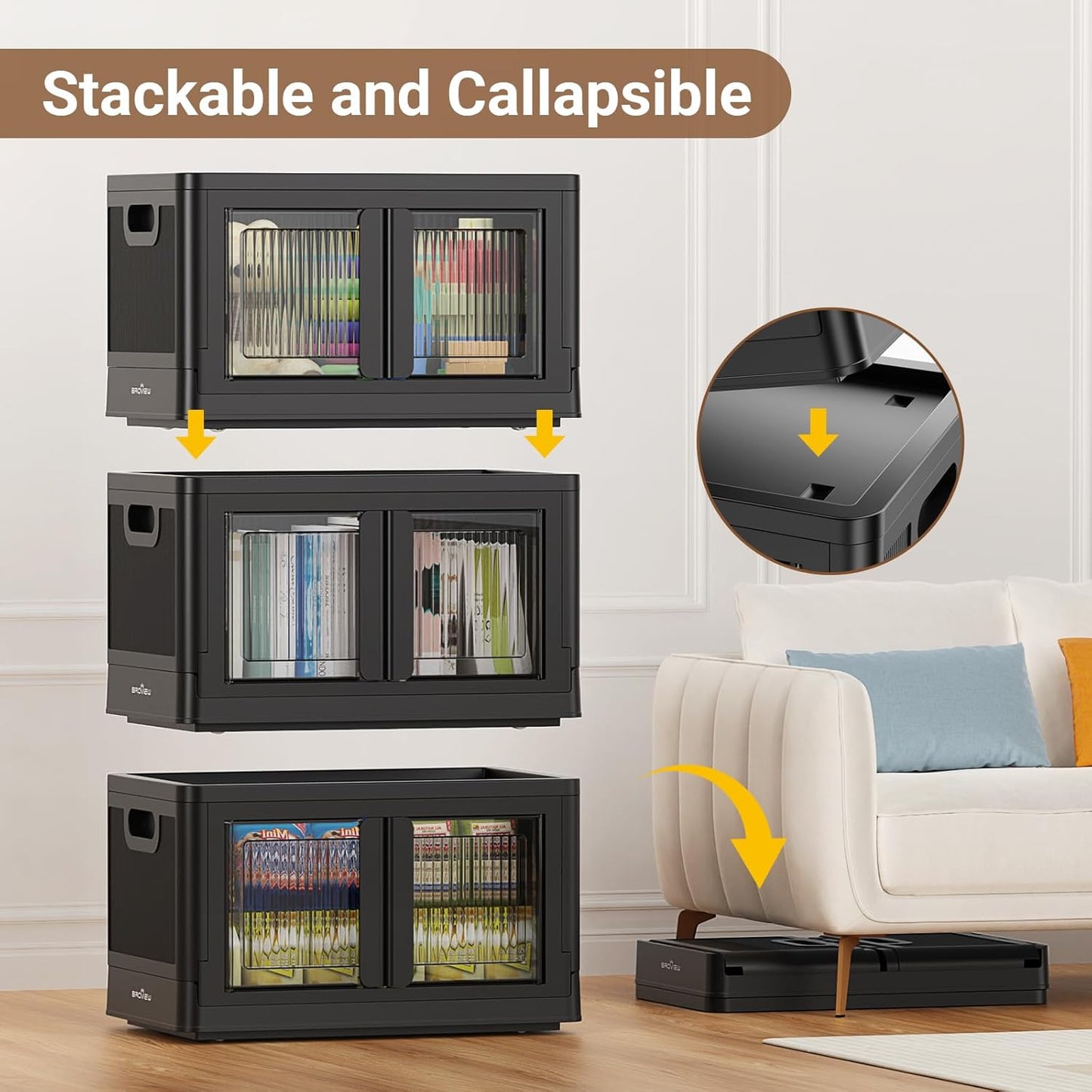 100QT Stackable Storage Bins With Lids, 25Gal Plastic Boxes With Wheels and Doors, Heavy-Duty Folding Closet Organizers, Cabinet for Closet Home Dorm, 1 Pack Black