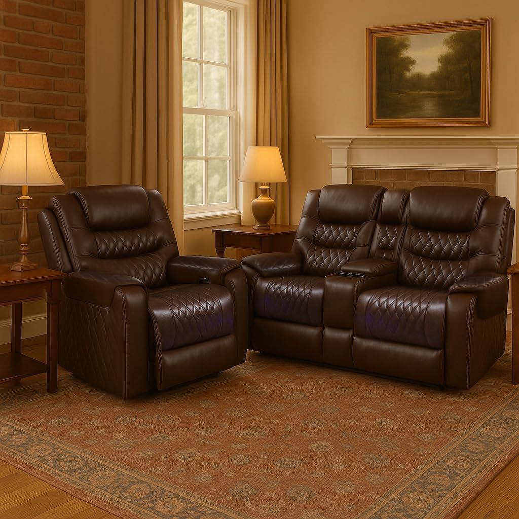 COMHOMA Power Living Room Furniture Sets,Electric Recliner Chair with LED Light,Sectional Sofa Loveseat with Wireless Charging,Spacious Storage, Cup Holeders,1