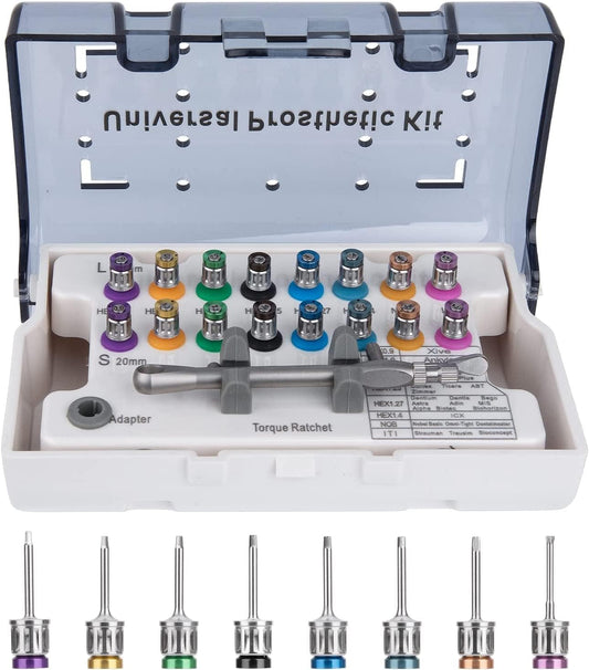 Universal 16 Pcs Universal Implant Prosthetic Kit Long and Short - Dental Implant Driver Kit with Torque Wrench Size 10-70Ncm - Dental Implant Restoration Screwdriver Kit- By PAKMED