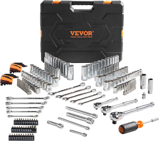 VEVOR Mechanics Tool Set, 1/4" & 3/8"& 1/2" Drive Deep and Standard Sockets, SAE/Metric 205 Pcs Mechanic Tool Kit with Bits, Combination Wrench, Hex Wrenches, Accessories, Storage Case