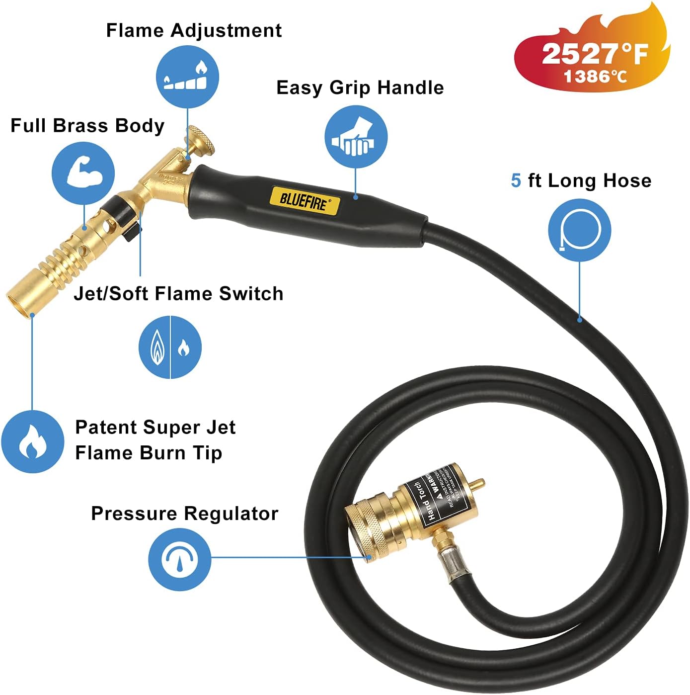 BLUEFIRE MRAS-8210 Jumbo Turbo Flame 5' Hose Propane Gas Welding Torch Kit with MAPP Gas Great High Intensity Nozzle Head Fuel by MAP Pro for Soldering Brazing Large Diameter Copper Pipe