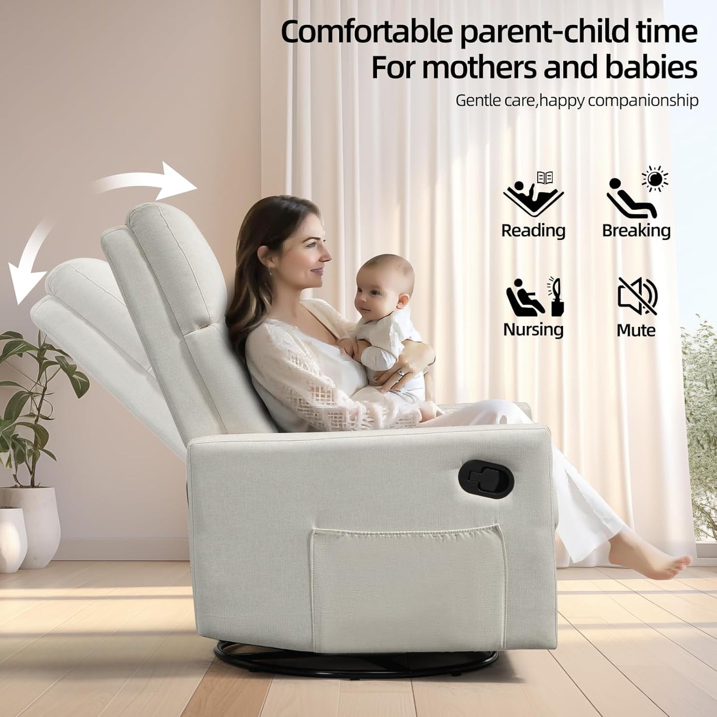 Swivel Rocker Recliner Chairs Set of 2, Upholstered Fabric Nursery Rocking Glider Chair with Adjustable Backrest and Footrest, Lay Flat Recliner Single Lazy Sofa for Living Room(Beige)