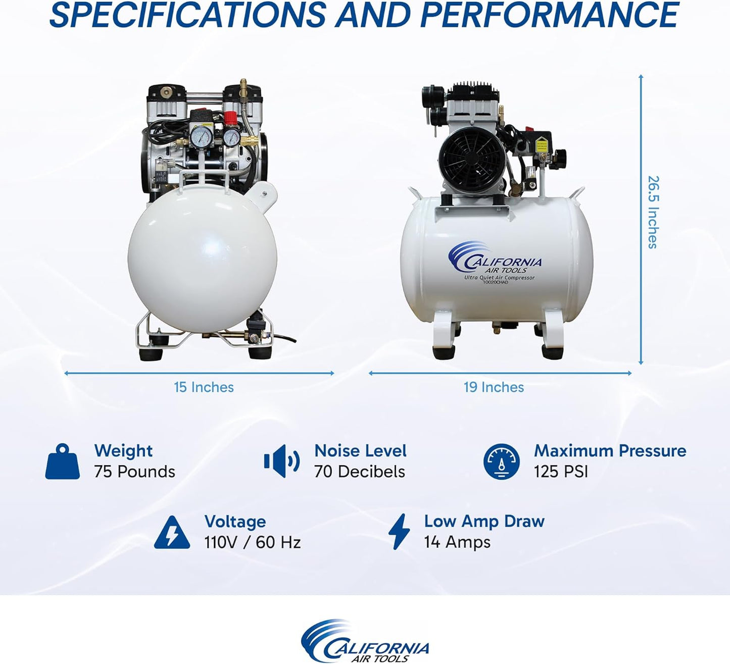California Air Tools 10020CHAD 2.0 HP Ultra Quiet, Oil-Free Air Compressor, 10 Gallon Tank Capacity, 70 dB Noise Level, Electric, Portable, with Automatic Drain Valve