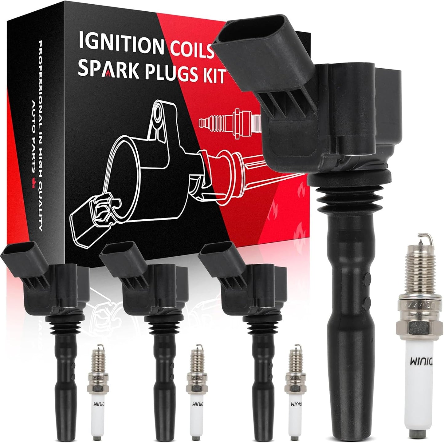 SCITOO UF779 ignition coil for J-etta 1.4L 2014-2017for G-olf 1.4L 2019-2020for A-udi A3 Sportback e-tron 1.4L 2016-2018 - 4 ignition coils wilth 4 iridium Spark Plugs Pack