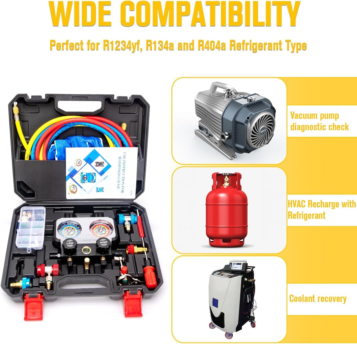 CMOOD AC Gauge Set R1234yf R134a Manifold Gauge Set for R1234yf R134a R404a Refrigerants, Automotive AC Manifold Gauge Set with Hoses Quick Couplers for Car Freon Charging & Evacuation