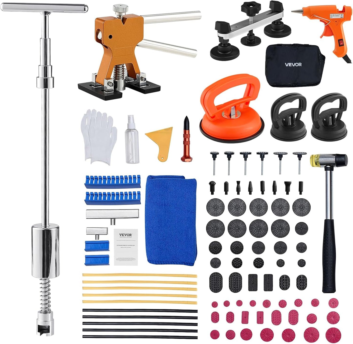 VEVOR 117 PCS Dent Removal Kit, Paintless Dent Repair Kit with Golden Lifter, Bridge Puller, Slide Hammer T-bar Dent Puller, Suction Cup Dent Puller for Auto Body Dents, Hail Damage, Door Ding