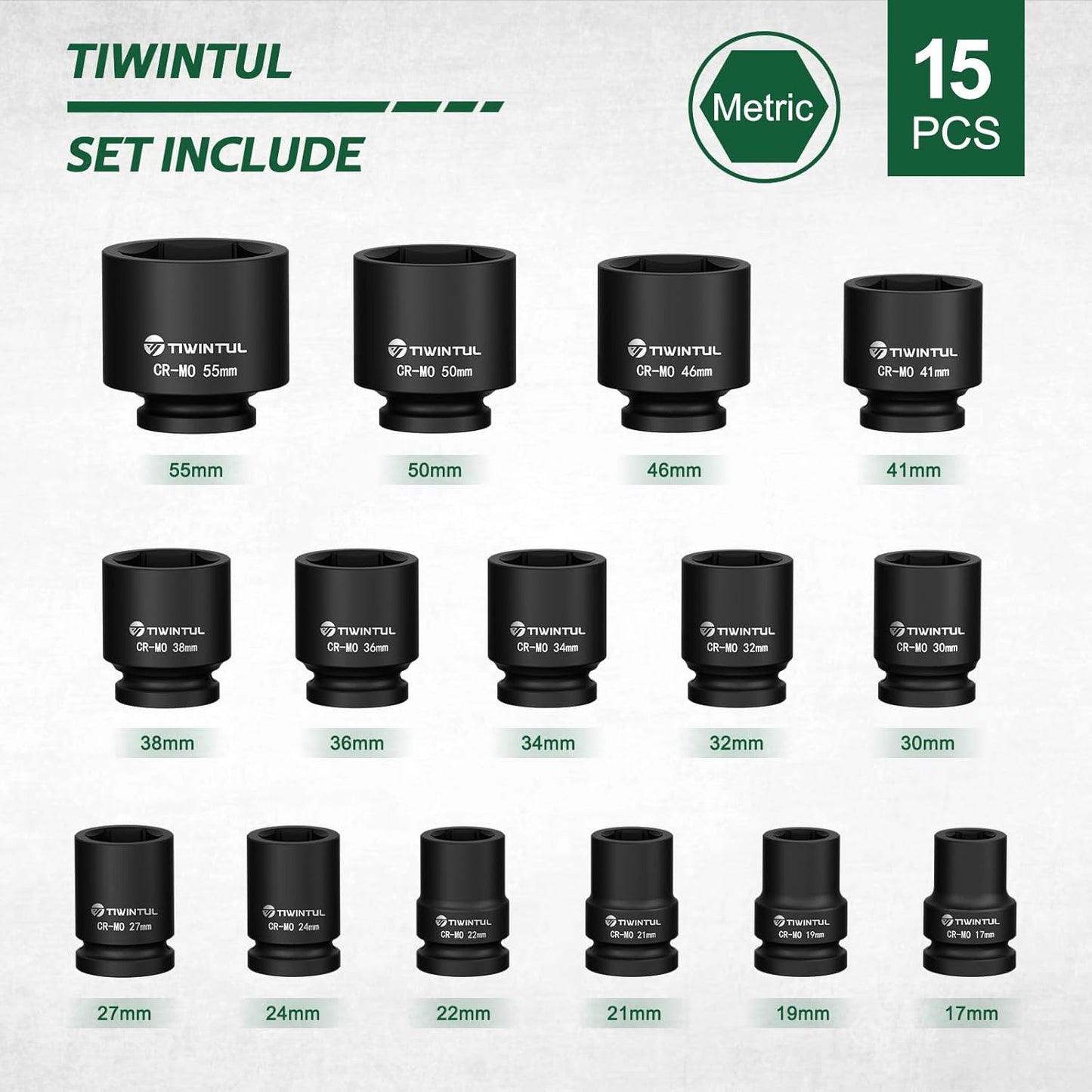 3/4 Inch Drive Impact Socket Set, 15 Pieces Heavy Duty 6-Point CR-MO Steel Impact Sockets, Metric Sizes 17-55 mm, Impact Socket Set for Auto, Truck and Large Machinery Maintenance