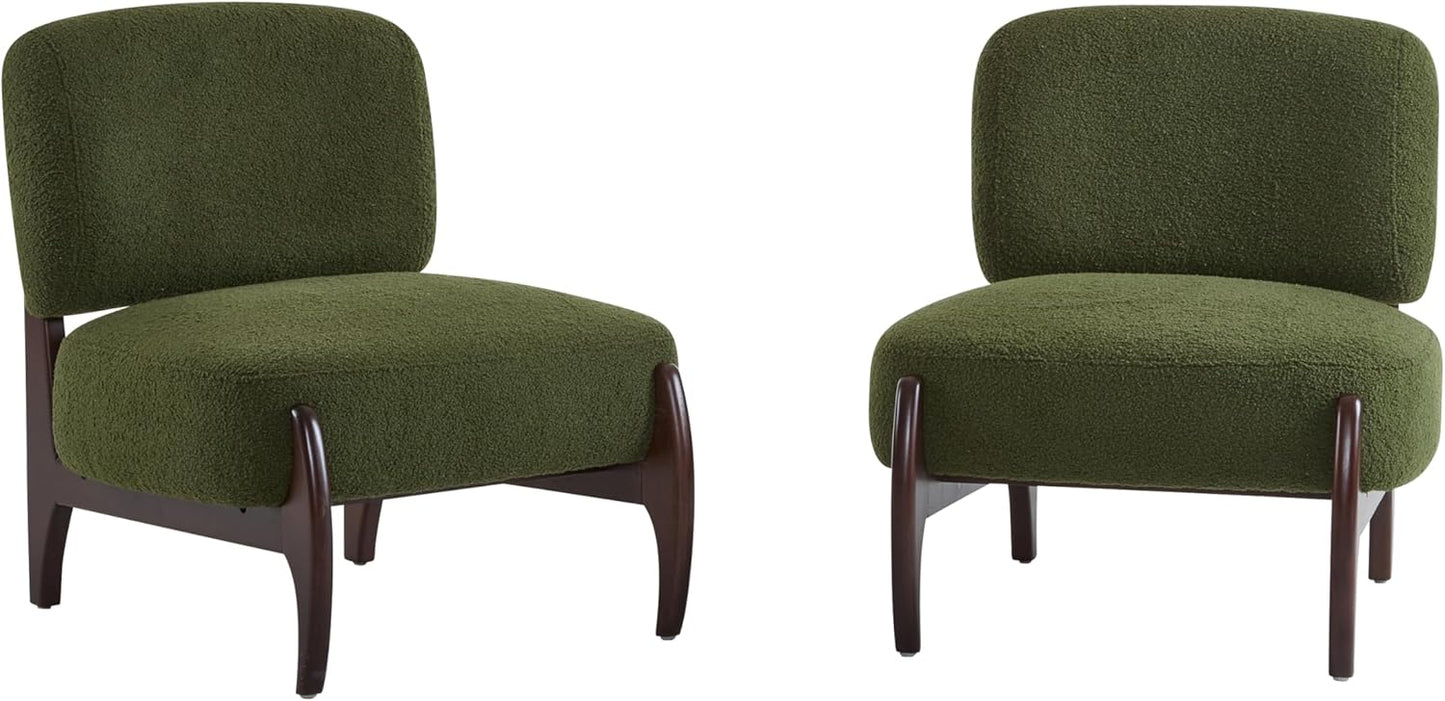 Christopher Knight Home Faron Modern Boucle Upholstered Accent Chair Set of 2, Wooden Armless Club Chair for Living Room, Bedroom Comfy Reading Chair Set, Olive Green