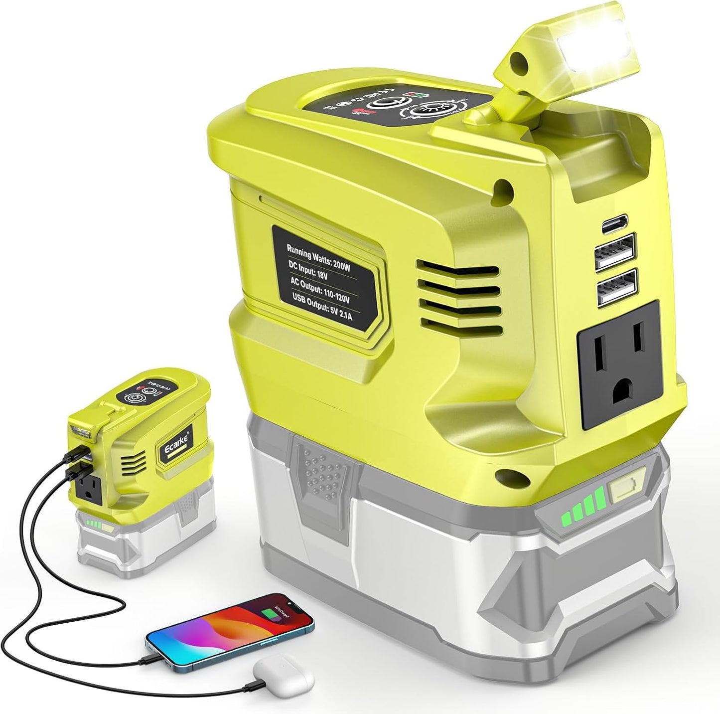 200W Portable Power Inverter Compatible with Dewalt 20V,Ecarke Outdoor Generato Battery Converter with 2 USB&amp;LED&amp;AC Battery Powered Outlet (2PC Compatible with DeWalt 20V)
