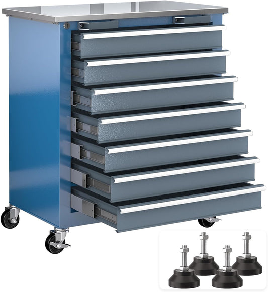 7-Drawer Rolling Tool Chest with 360°Wheels and Padded Feet,Tool Chest with Stainless Steel Countertop,Tool Cabinet with Secure Locking System,for Home, Garage and Office