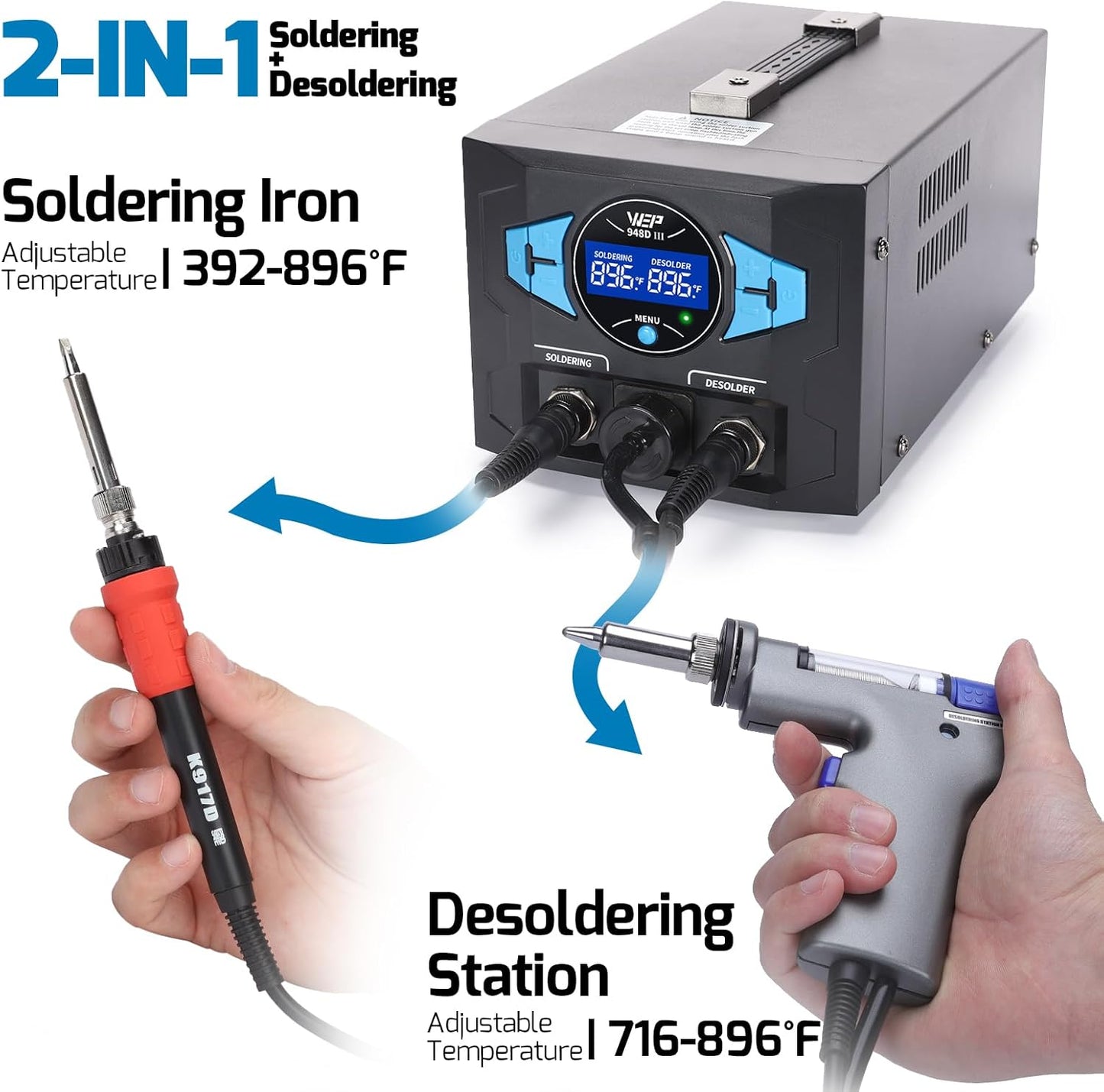 WEP 948D III Upgraded 2-IN-1 ESD Safe Soldering Desoldering Station with Fast-Heating Desoldering Gun & Soldering Iron, Sleep Mode, Automatic Shutdown, Temperature Calibration with 31 Pcs Accessories