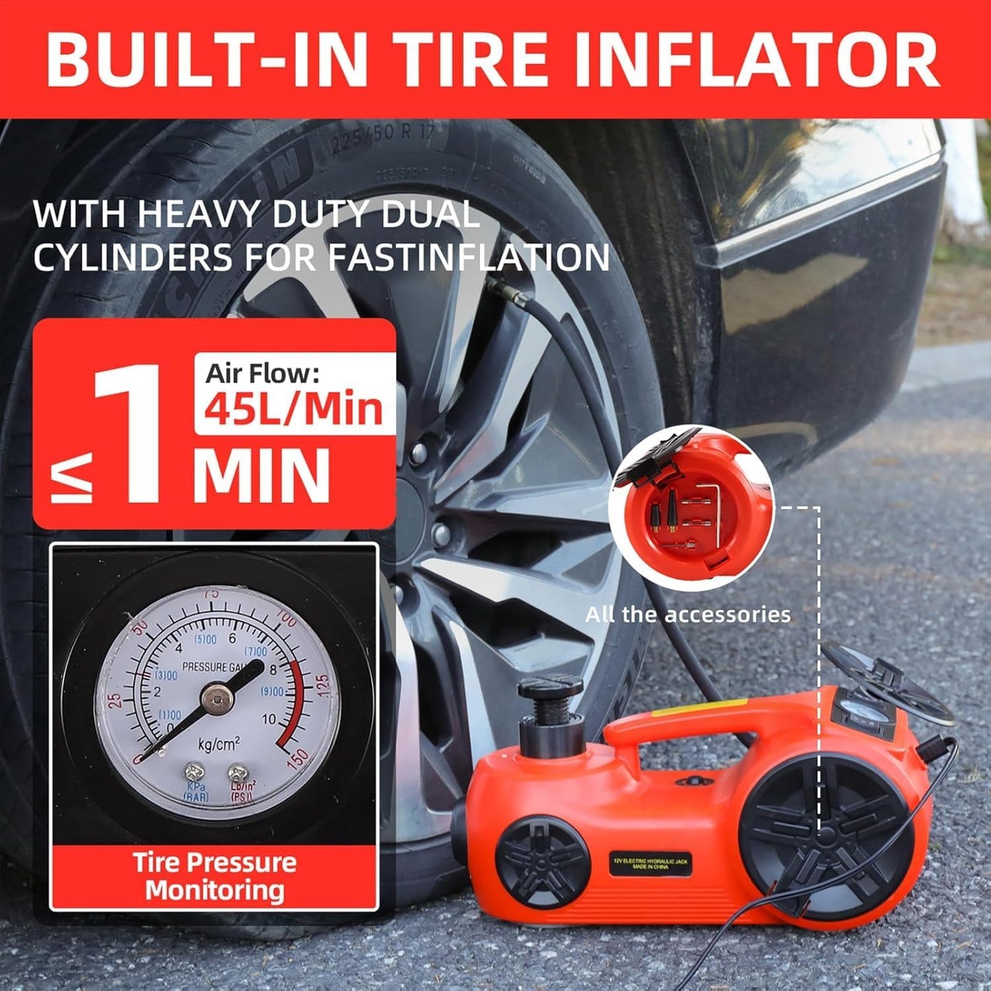 ROGTZ Upgraded Electric Hydraulic Car Jack Kit 5 Ton 12V Portable Lift Range 20.9 Inch with Tire Inflator Pump for SUV Sedan Truck Repair Floor Jack for Tire Change with LED Light Jack Only