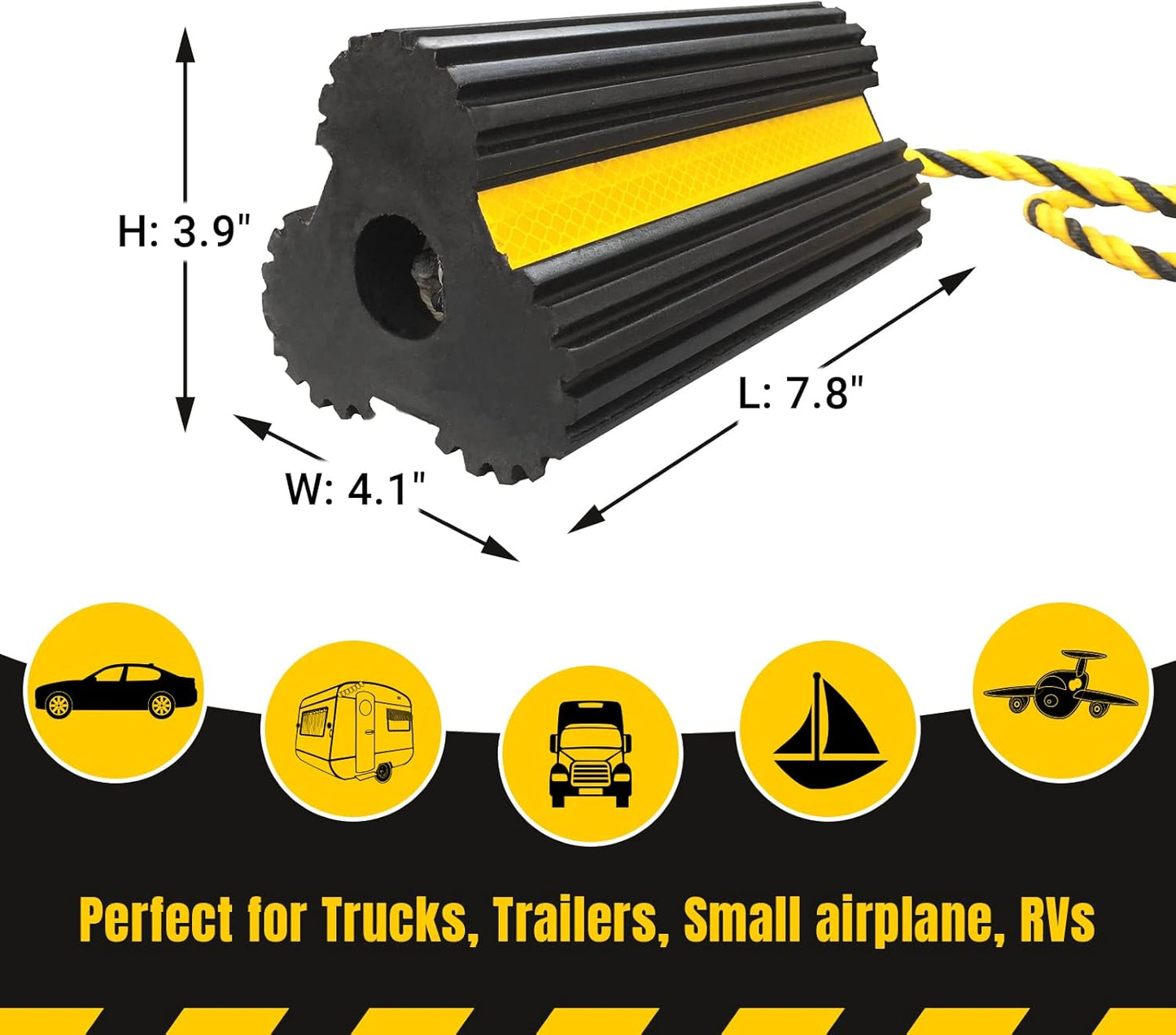 2 Pair Rubber Heavy Duty Dual Wheel Chocks Front and Back, RV Leveling Blocks Non Slip Base with Nylon Rope Yellow Reflective Tape for Travel Trailers, Car, Camper, Truck (4 Pack)