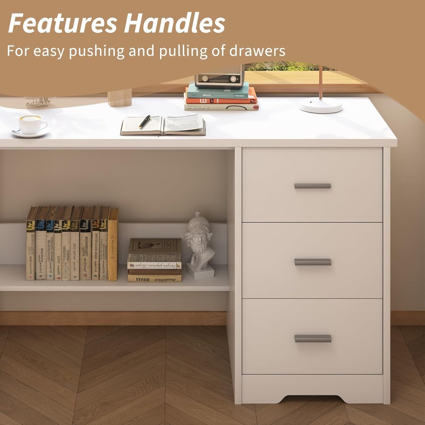 White Desk with 3 Drawers, 47 Inch Computer Desk with Drawers for Bedroom, Small Home Office Desk with File Cabinet, Bottom Shelves for Small Spaces