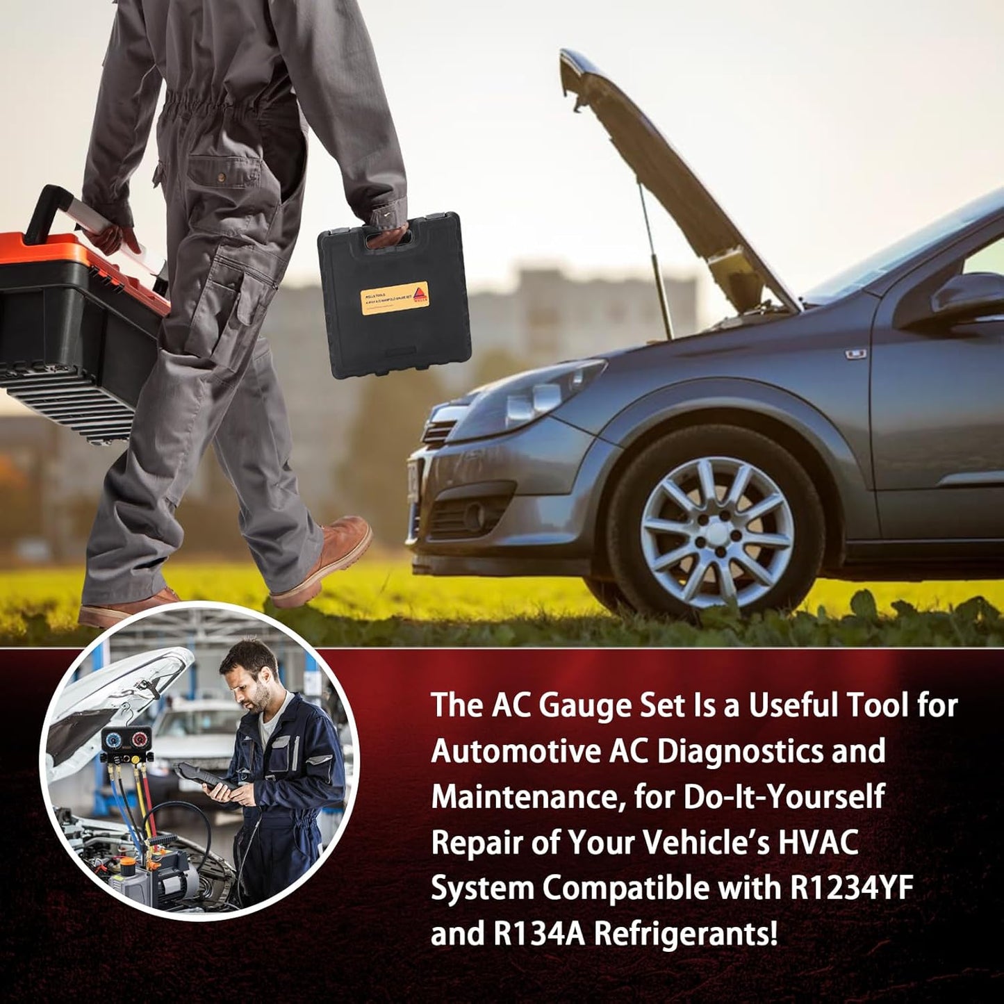 Wells AC Gauge Set HVAC Tools R410a R134a R32 R22 Refrigerant for Home 4 Way AC Diagnostic Manifold Gauge Set with 5ft Hoses, Couplers Puncture, Can Tap, Works on Car Freon Charging and Evacuation