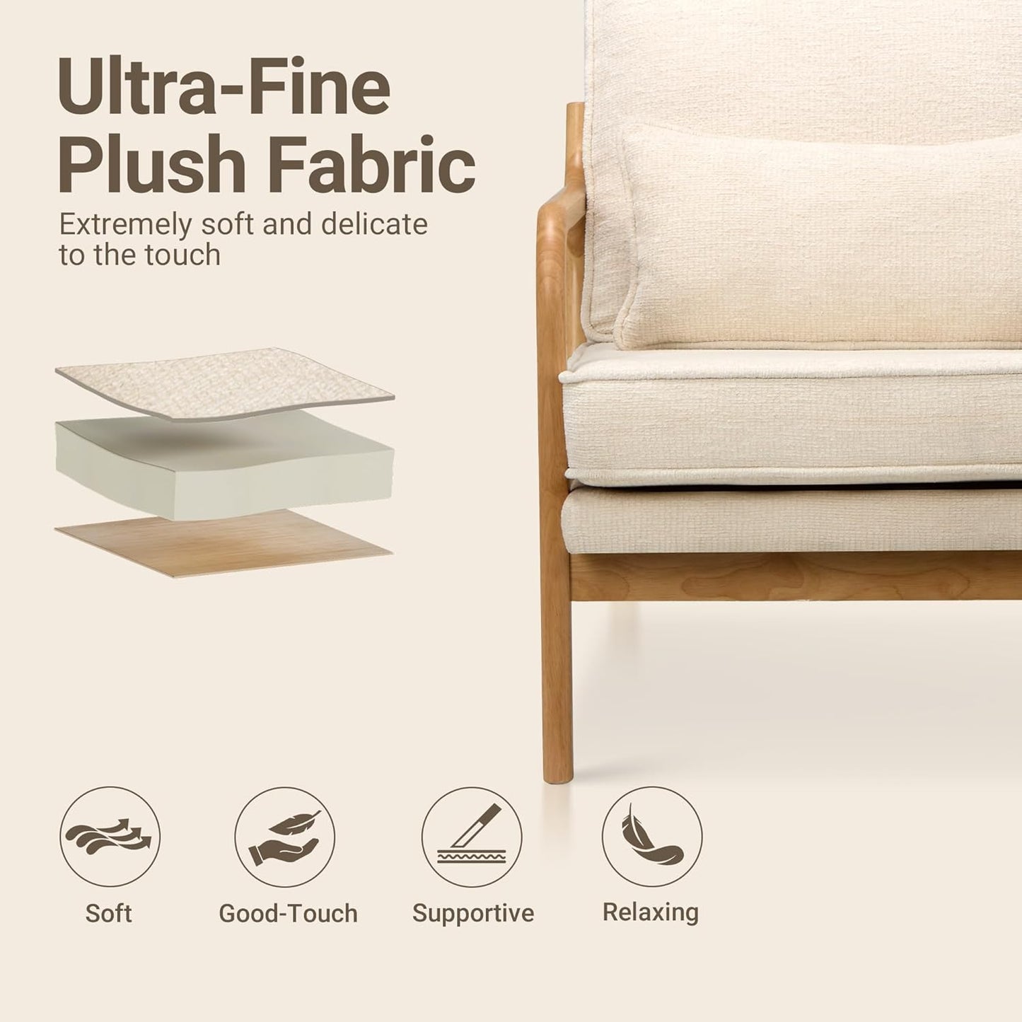 COLAMY Mid Century Modern Accent Chair Set of 2 with Lumbar Pillow, Relaxing Armchair with Solid Wood Frame & Soft Cushion, Reading Leisure Chair for Living Room（Beige）