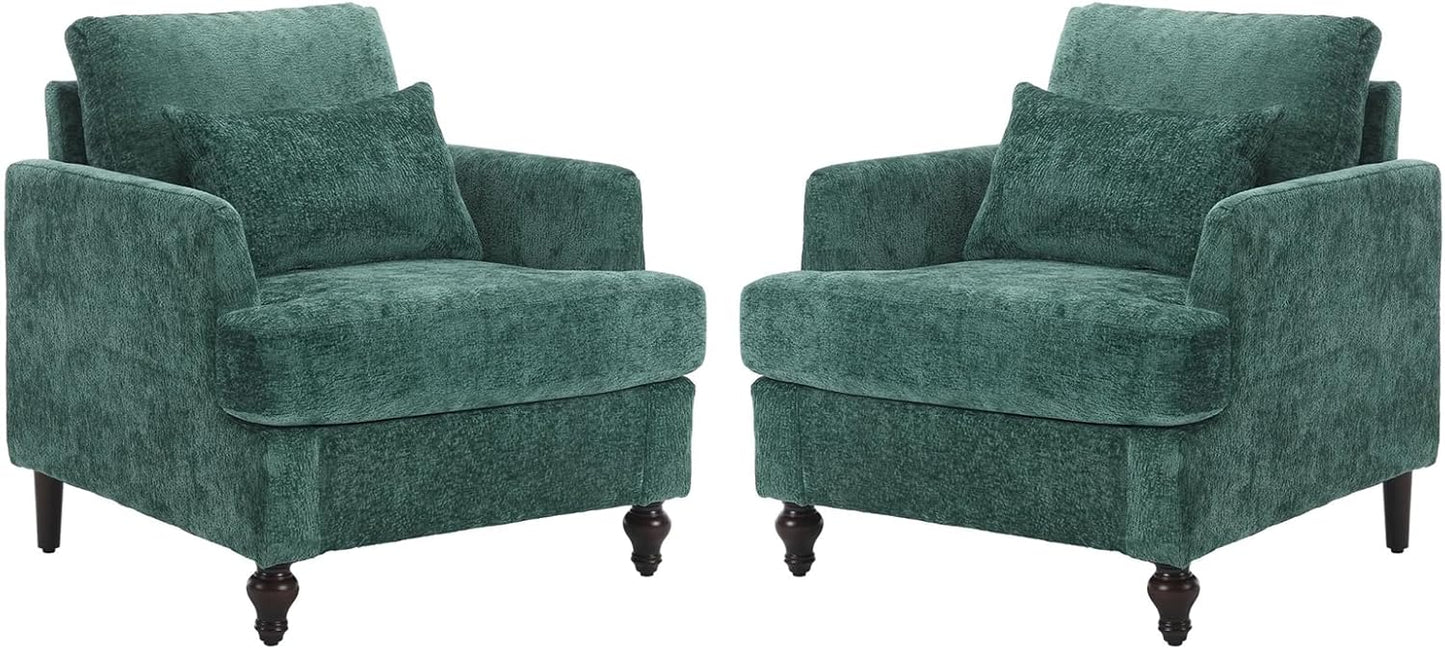 Chenille Accent Chair Set of 2, Mid-Century Modern Living Room Chair Wood Frame Armchair with Pillow Comfy Lounge Chair for Club Bedroom Office, White