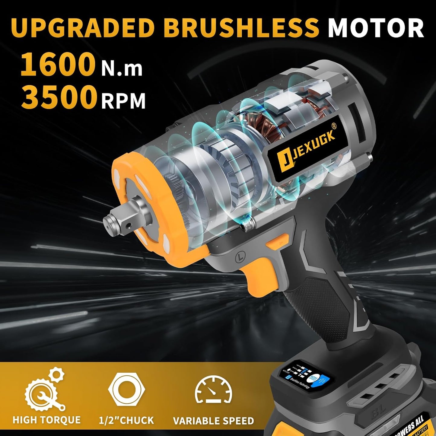 1600Nm Cordless Impact Wrench, 21V 1/2" 1180Ft-lbs Impact Gun wiht 2 x 4.0Ah Battery, High Torque Pistola De Impacto with 6 Sockets, Brushless Llave De Impacto Driver for Truck/Car/Mower