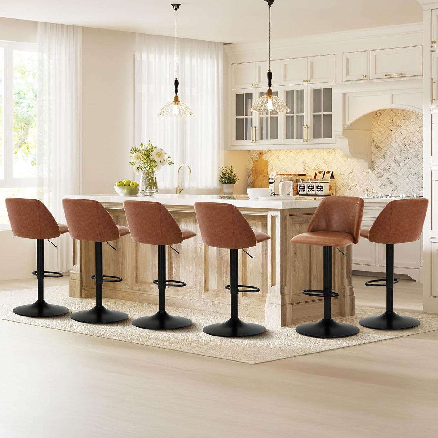 COLAMY Bar Stools Set of 3, Modern Swivel Bar Chairs, Adjustable Upholstered Barstools Counter Height with Full Backrest for Bar, Dining Room, Kitchen Island, Beige