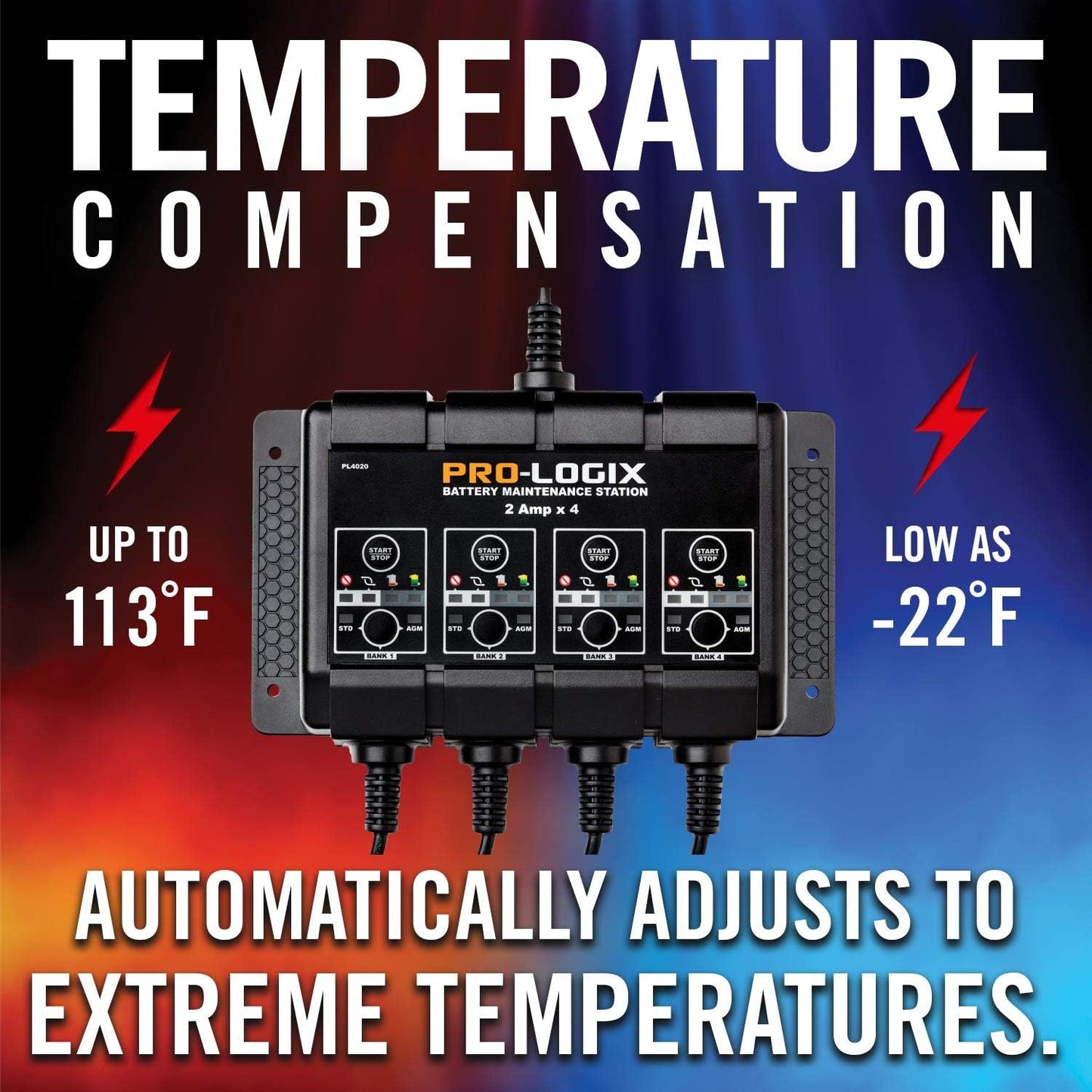 Clore Automotive PL4020, Pro-Logix 4-Bank, 8-Amp (2-Amp Per Bank) Fully Automatic Smart Charger, 12V Battery Charger, Battery Maintainer, Desulfator with Temperature Compensation, Black
