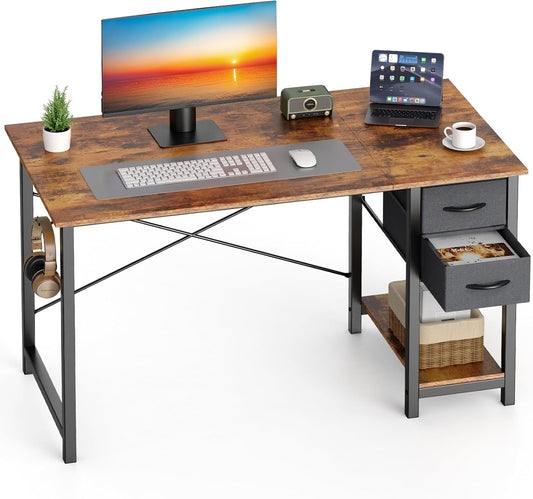 Sweetcrispy 40 Inch Computer Desk with Drawers for Home Office, Writing Desk with X-Shaped Reinforcement, Wood Table with Adjustable Position Drawers, Modern Study Work Table with Side Hook, Rust