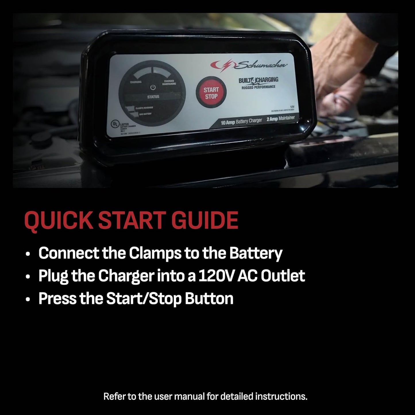 Schumacher Electric 10A Car Battery Charger and Maintainer, 3-in-1 Solution, for 12V Power Sport, Automotive, and Marine Batteries, SC1282