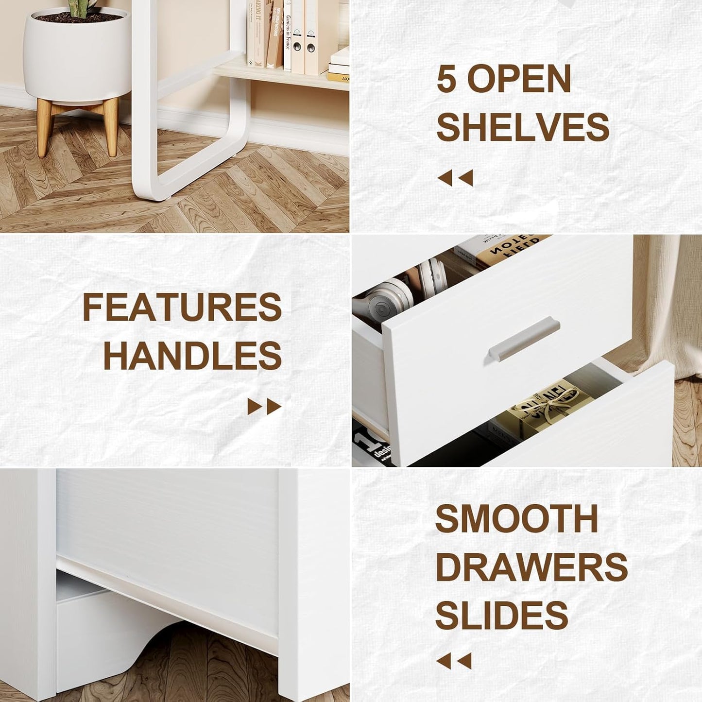 White Desk with 3 Drawers, 47 Inch Computer Desk with Drawers for Bedroom, Small Home Office Desk with File Cabinet, Bottom Shelves for Small Spaces
