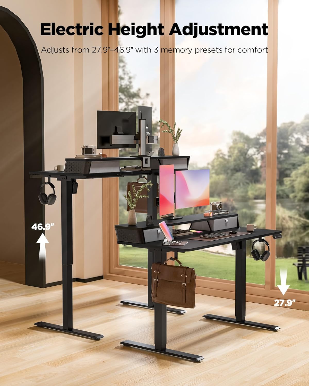 35x20 Inch Standing Desk with Double Drawers, C-Clamp Mount Compatible, Electric Adjustable Height Computer Stand Up Desks, Home Office Sit Stand Table with 3 Preset Heights & 2 Hooks, Black