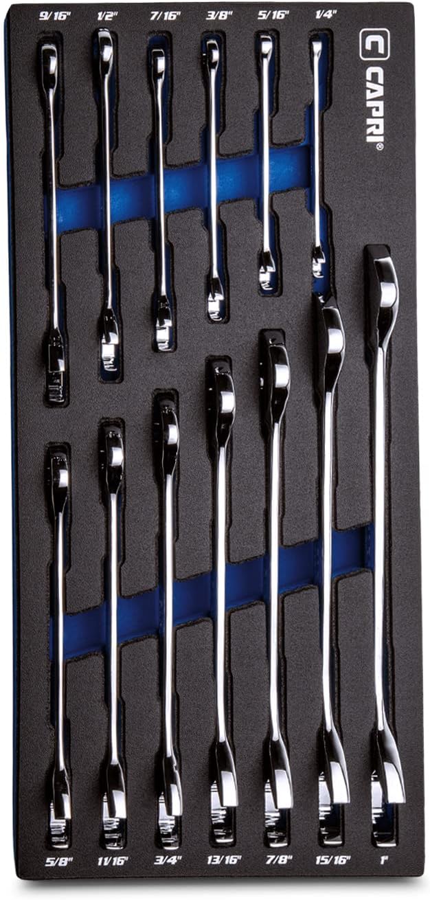 Capri Tools Angle Open End Wrench Set, 30° and 60° angles, 6-24 mm Metric, 19-Piece with Mechanic's Tray