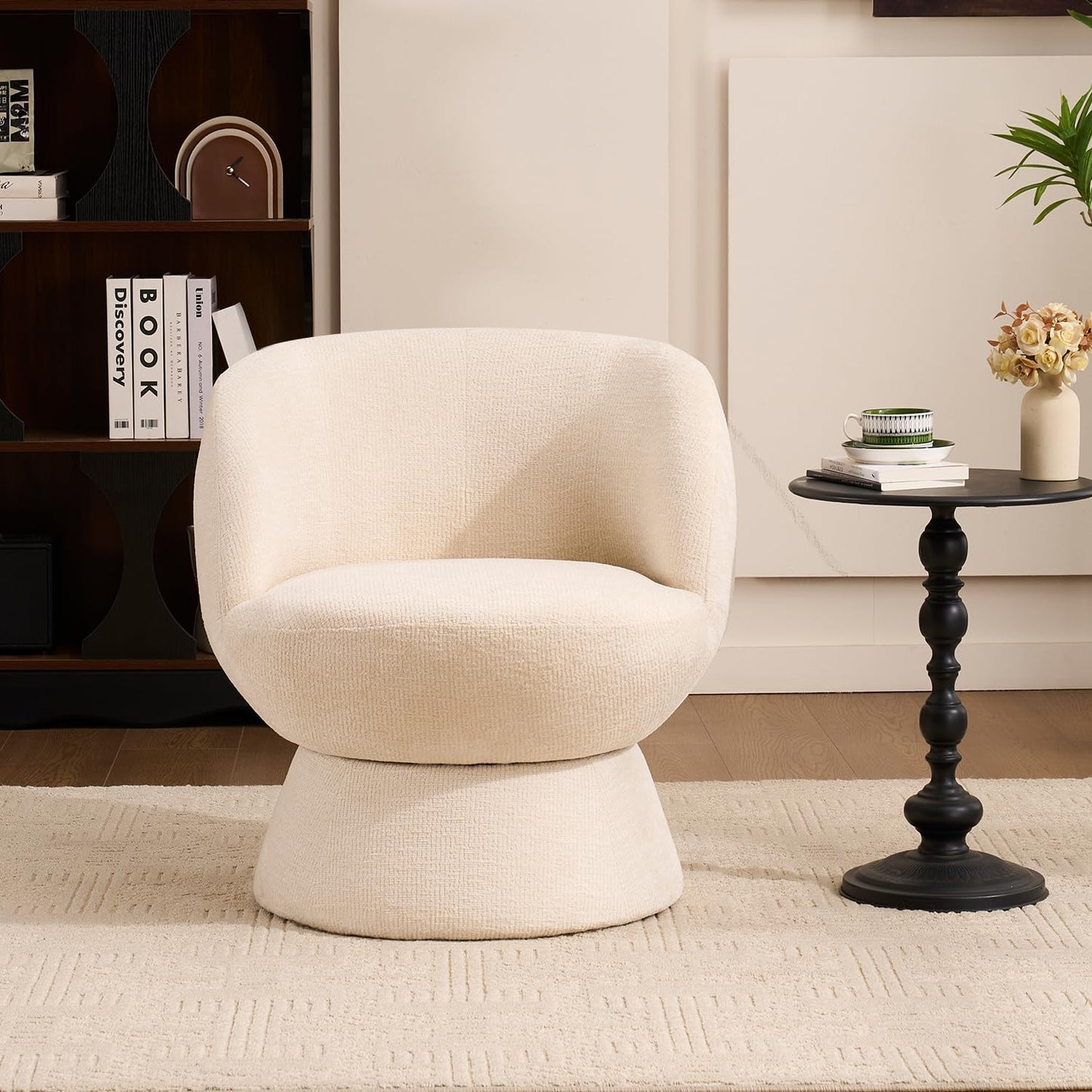 360° Swivel Accent Chair, Upholstered Modern Lounge Sofa with Curved Hemming Arms, Barrel Vanity Chair for Living Room Bedroom and Dressing Room (Gray)