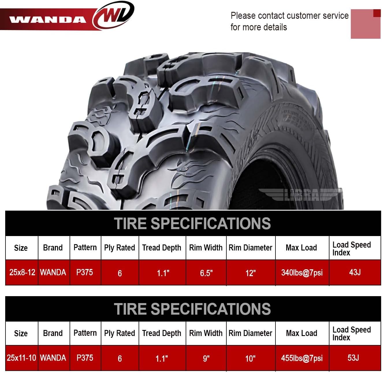 WANDA Full Set Super Lug Mud ATV tires 25x8-12 & 25x11-10 fit for 99-02 Kawasaki Prairie KVF300/400