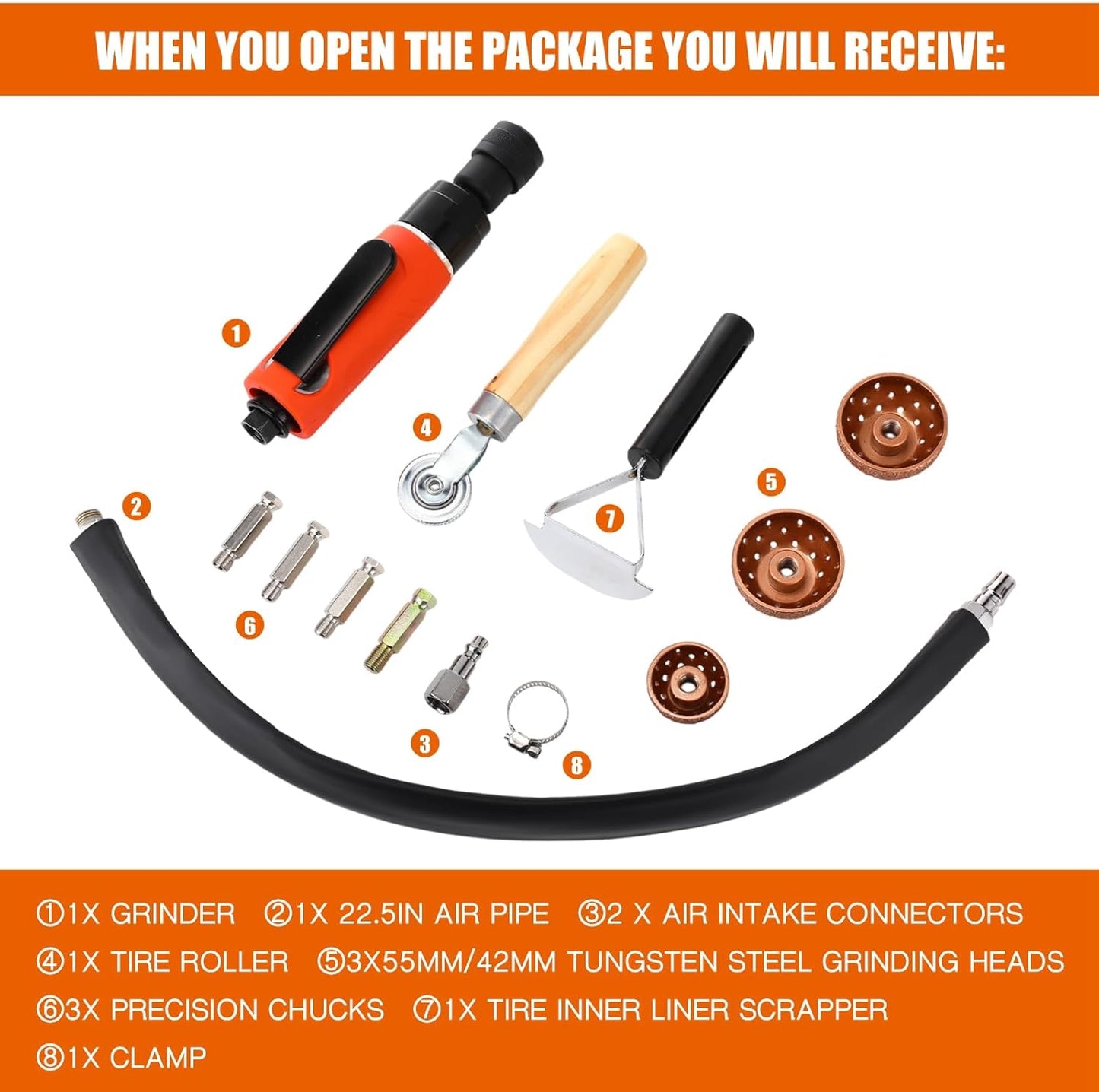 Air Tire Repair Polish Patch Tools Tire Repair Set Include 2500rpm Low Speed Air Tire Buffer Tire Inner Liner Scrapper Patch Roller 3pcs Tungsten Steel Buffing Wheel 42mm 55mm