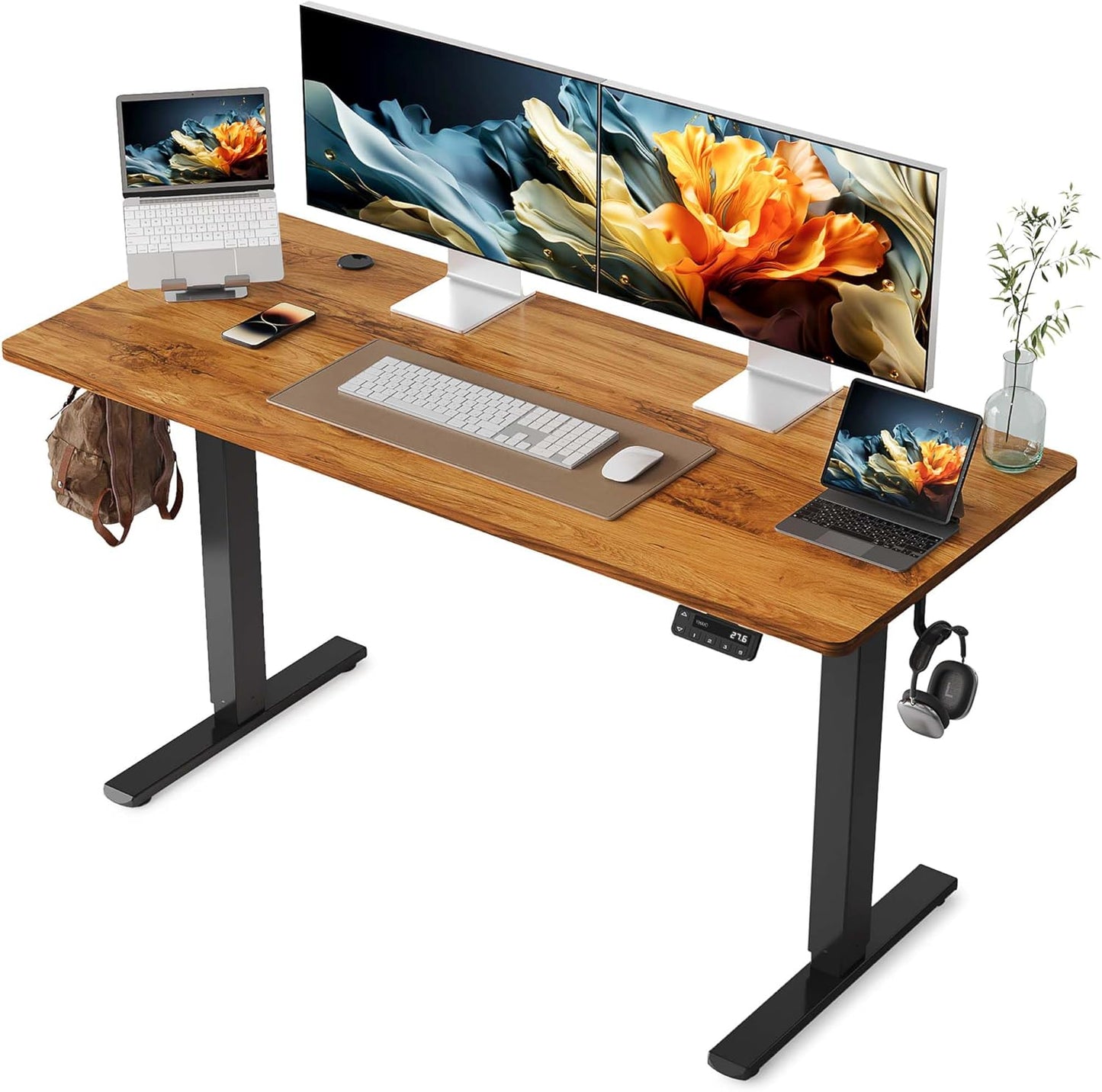 YIHAYO Electric Standing Desk, 48 x 24 Inches Stand Up Desk with Splice Board, Adjustable Height Desk, Computer Desk for Home Office, Black Frame/Rustic Brown Top