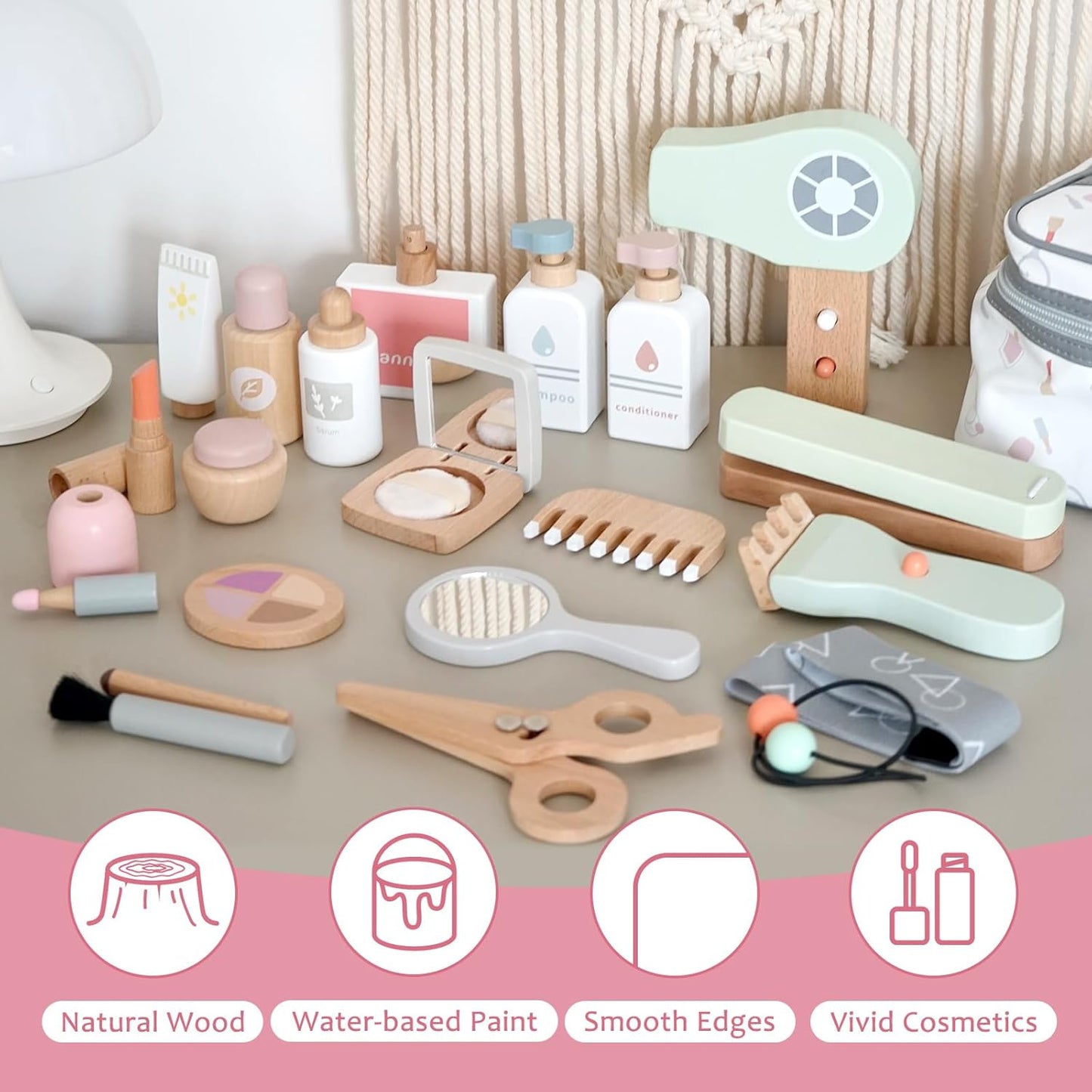 22 PCS Wooden Makeup Toy Set for Toddler Pretend Play,Wood Beauty Salon Toys Cute Wooden Makeup Kit with Realistic Accessories Gift for Girls 3 4 5 6