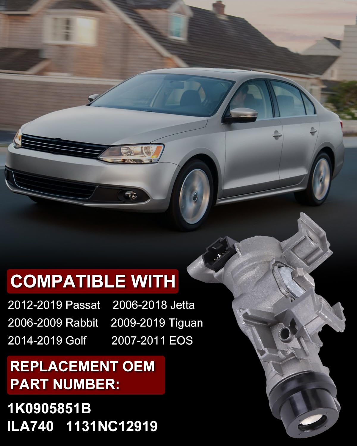 1K0905851B Ignition Switch Lock Cylinder Assembly for 2012-2019 Passat &amp; 2005-2018 Je-TTA &amp; 2014-2019 Golf &amp; 2006-2009 Rabbit &amp; 2009-2019 Tiguan W\/Intelligent Key Shell Replace ILA740, 1131NC12919