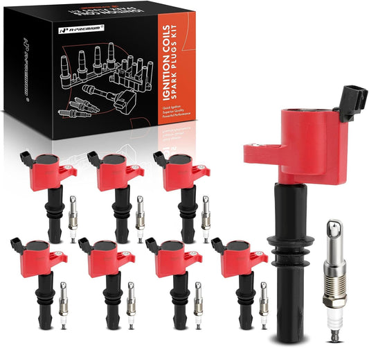 A-Premium (Red) Set of 16 Ignition Coil Pack and Iridium Spark Plugs Compatible with Ford F-150 2004-2008, Expedition 2005-2008, F-250 Super Duty & Lincoln Mark LT, Navigator V8 5.4L, Replace# FD508