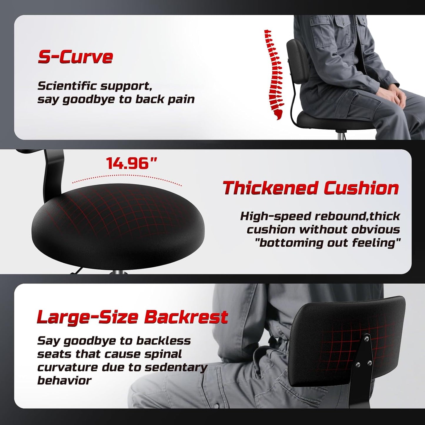 Rolling Shop Stool with Wheels,Mechanic Garage Stool Chair with Adjustable Height 15.55"-18.3",Heavy Duty Swivel Roller Seat for Garage,Salon and Tattoo Beauty, Black