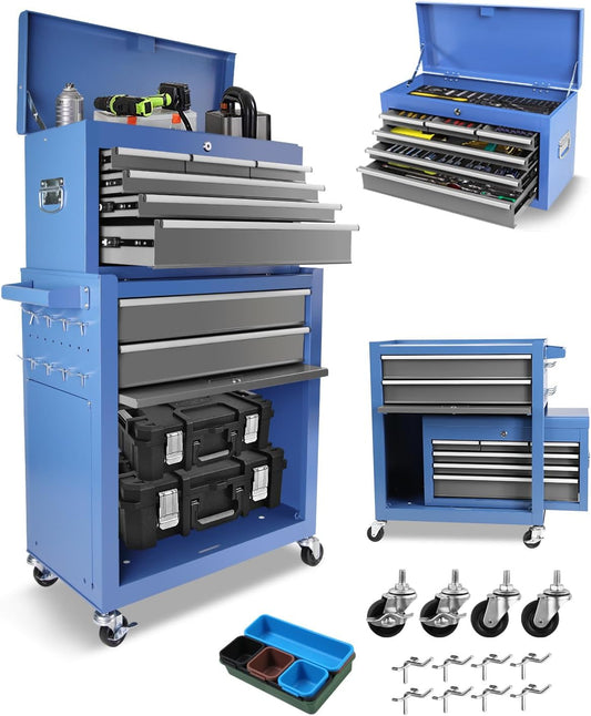 2 in 1 Tool Chest with 8 Drawers, Tool Cart with 7 Organizer Tray Divider Set & Wheels, Large Rolling Tool Box Organizer for Garage, Workshop, Home Crafts