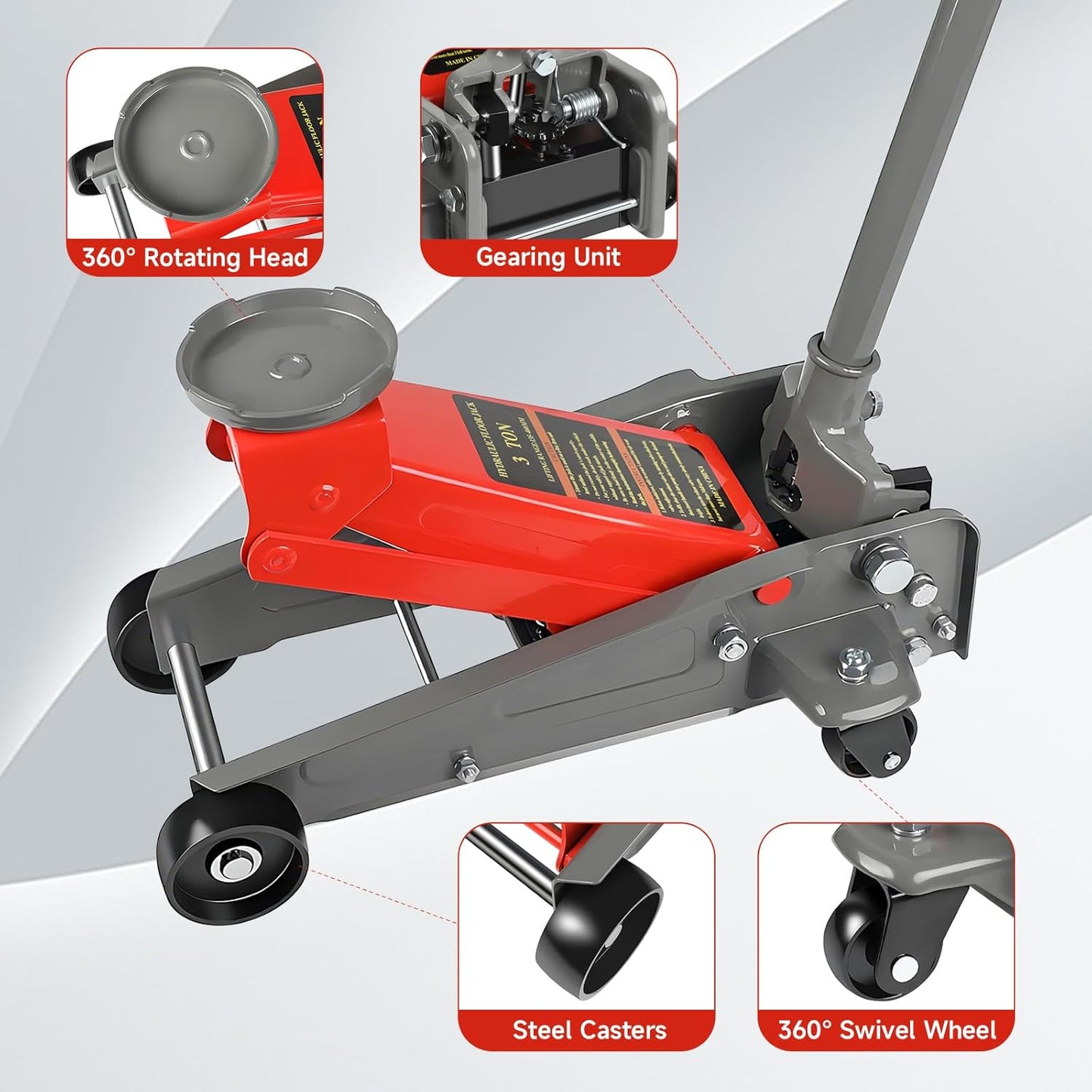 3 Ton Floor Jack,6600 LBS Heavy Duty Hydraulic Floor Jack with Wheels,Lift Range:5.31'' -18.11'',Carbon Steel Material,Suitable for Home,Garage and Repair Shops,Red