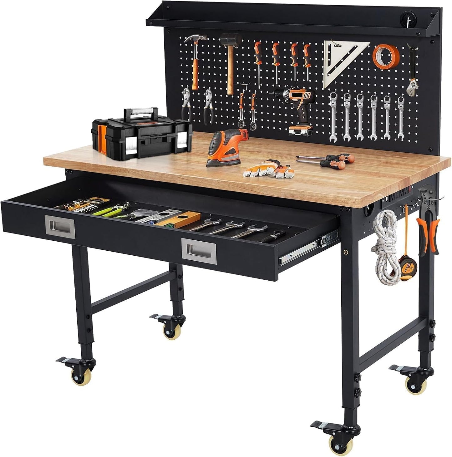 Workbench 60" x 22" Adjustable Height Worktable, Heavy Duty Rubber Wood Top, 2000 LBS Load Capacity, Tool Storage Workstation with Drawer, Pegboard, Power Outlets & Lockable Wheels, with Drawer Back