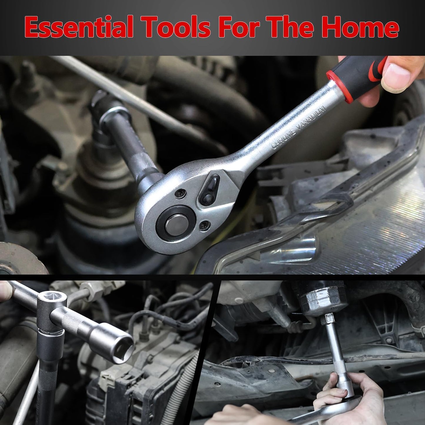 XHTT 94 Piece Tools For Mechanics,Metric And Standard 1/4,1/2 Socket Set,And Ratchet Set,Universal Joint,Extension Bars And Quick Release Reversible Ratchet Wrench,Plastic Toolbox Storage.