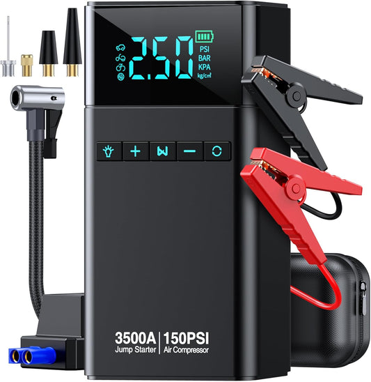 10-in-1 Car Battery Jump Starter with Air Compressor, 3500A 21800mAh Portable Car Jumper Starter (All Gas 12L Diesel), 150PSI 12V Jump Box Car Battery Jump Starter with Jumper Cables, Lights