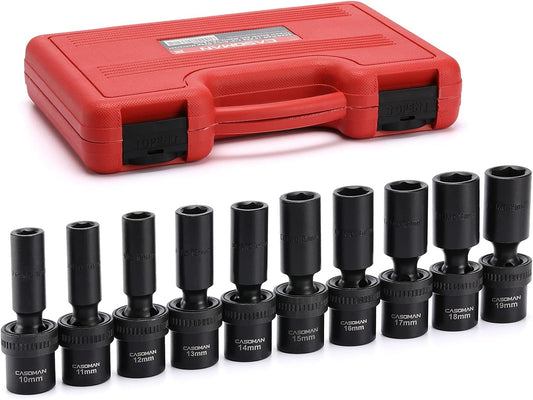 CASOMAN 10 PCS 1/2" Drive Deep Universal Impact Socket Set, Metric,10-19mm