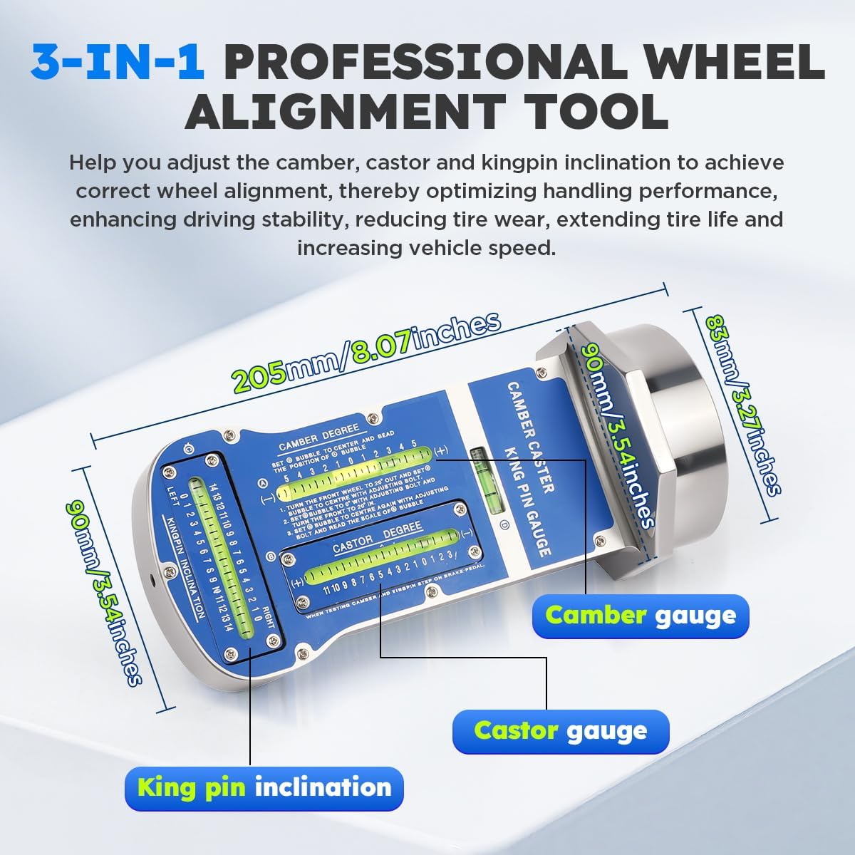 Camber Caster Gauge with Kingpin Inclination, 3-in-1 Pro Wheel Alignment Tools Automotive Magnetic Caster Camber Alignment Tool Precise Strut Wheel Hub Alignment Kit for Car Truck RV Tire Repair