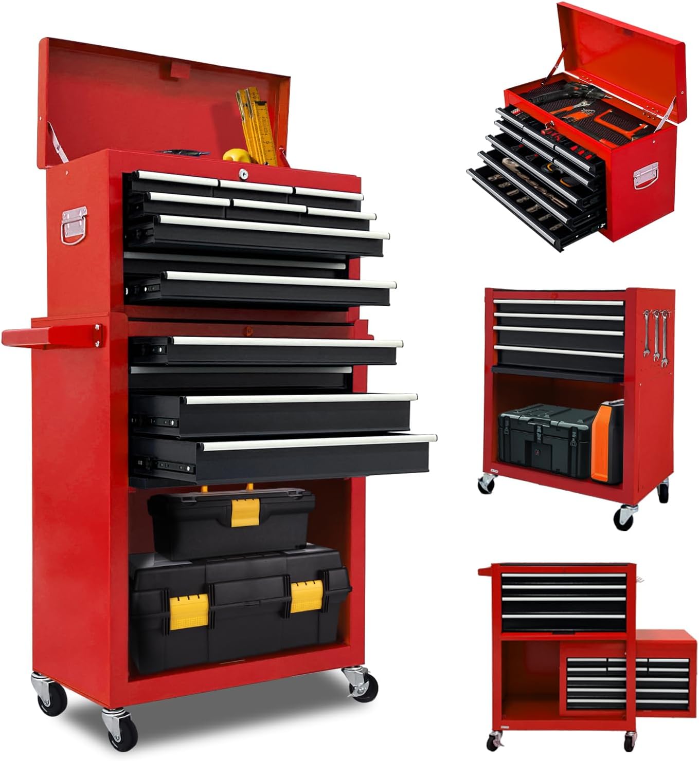 13 Drawer Rolling Tool Chest with Wheels, 2 in 1 Detachable Tool Chest with Drawers, Large Tool Box with Lock, Metal Tool Cabinet for Garage Workshop(Red)