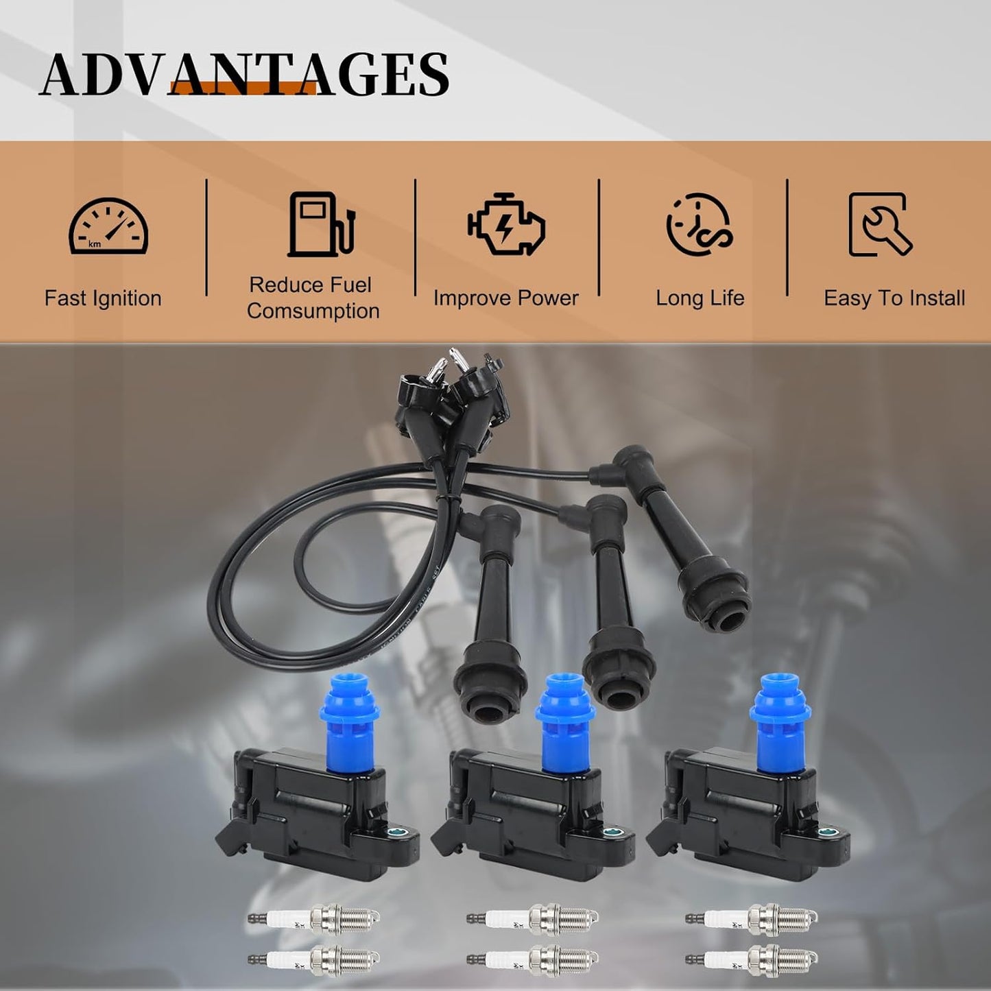 UF228 Ignition Coils & Iridium Spark Plugs & Spark Plug Wires Compatible with Lexus IS300 GS300 Toyota Supra L6 3.0 1998 2001 2002 2003 2004 2005