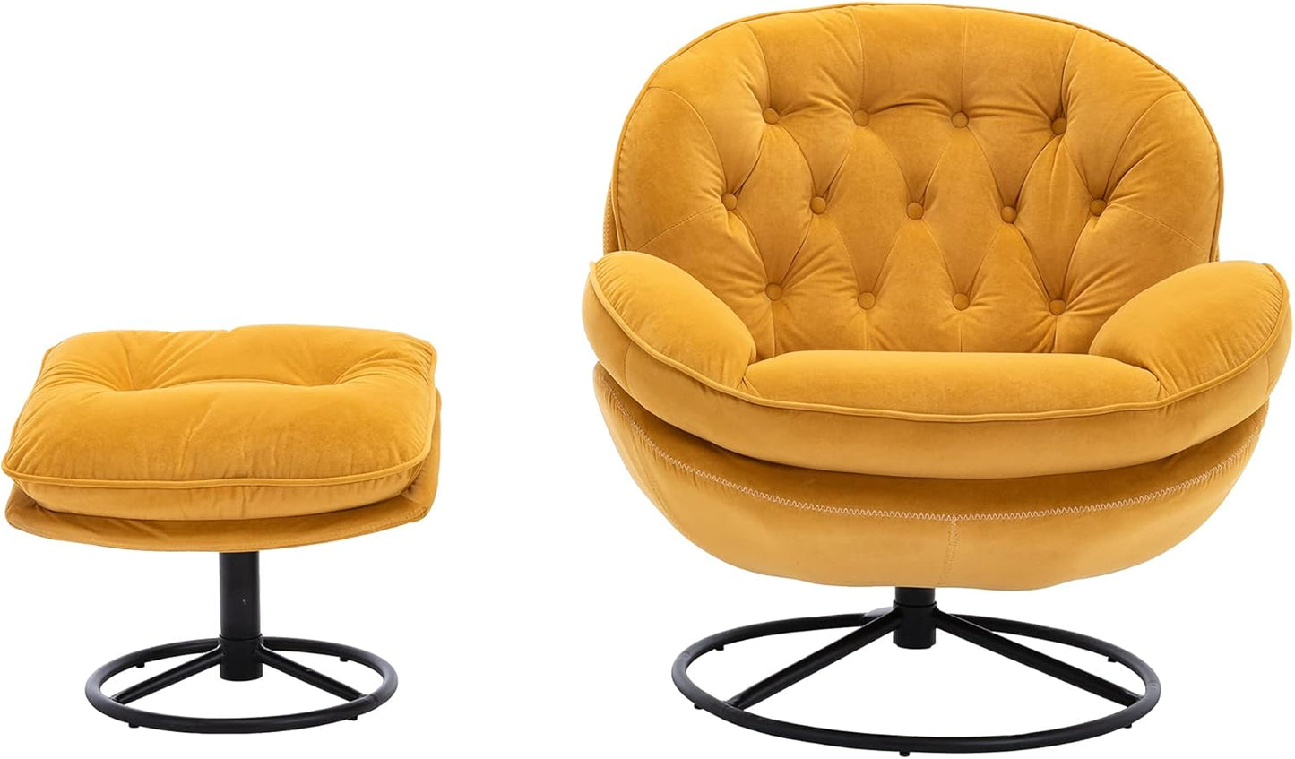 Velvet 360 Degree Swiveling Accent Chair with Ottoman Set, Modern Lounge Sofa Chair with Metal Base Frame & Footrest, Comfy Single Leisure TV Chair Reading Chair for Living Room and Office, Yellow