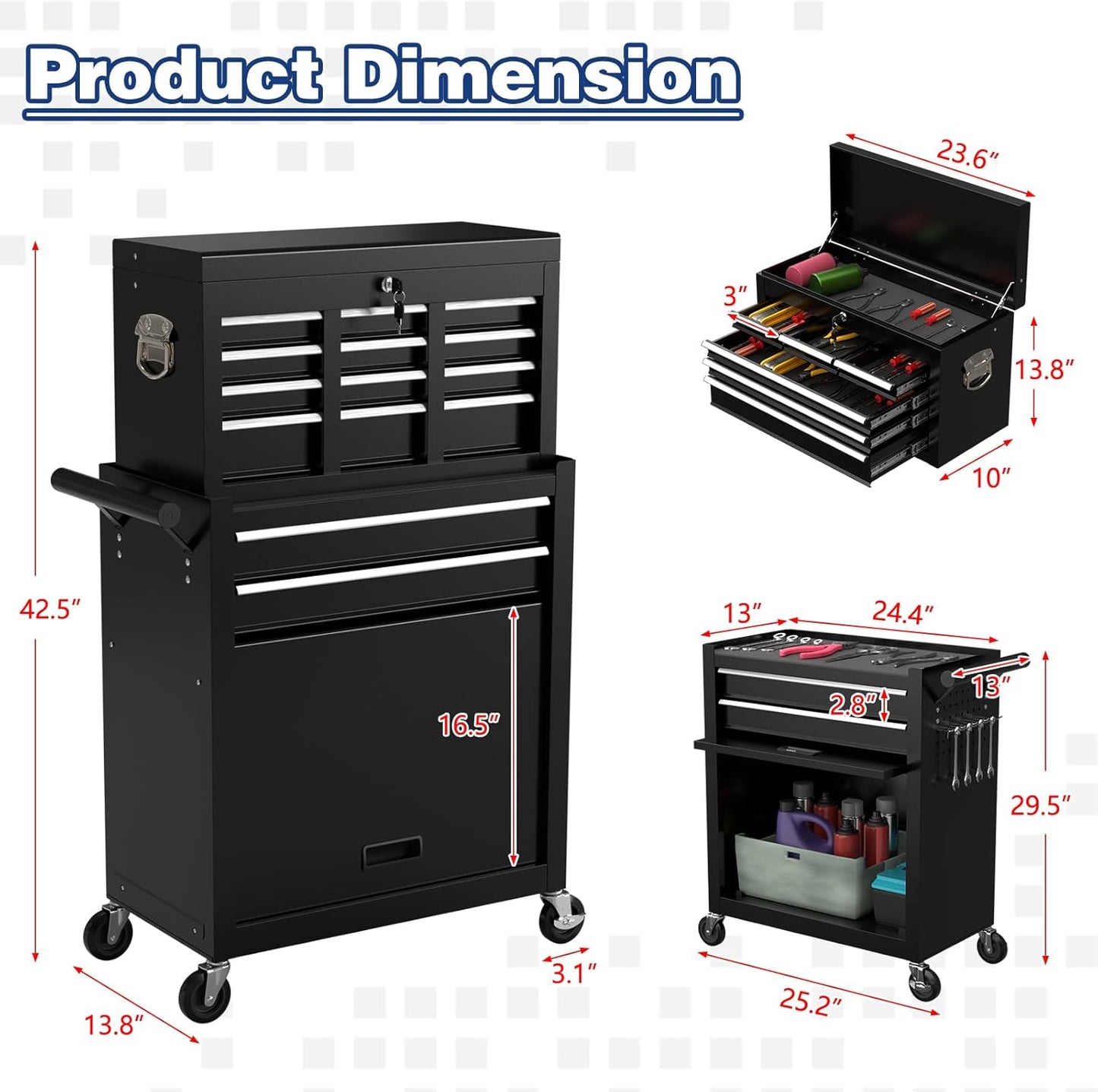 Rolling Tool Box with Wheels, 8-Drawer High Capacity Tool Chest with Wheels, Removable Storage Toolbox with Lock for Garage, Workshop
