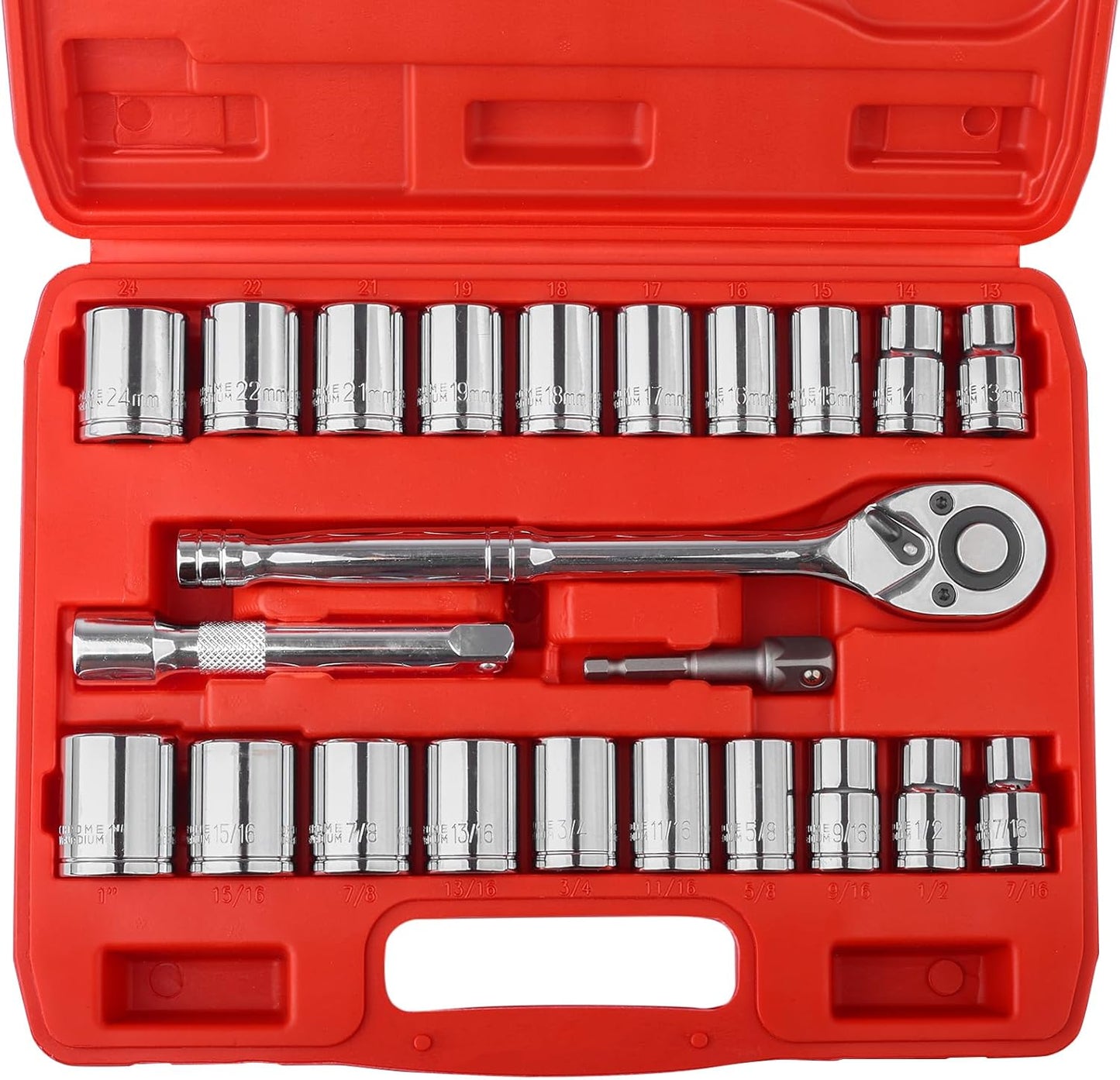 3/8” Drive Socket Set, 76 Pieces Ratchet Wrenches Set, Standard and Deep Metric (8 to 19mm)/SAE (5/16 to 3/4 inch) Size, with 72-Tooth Ratchet for Auto Repairing and Household, with Storage Case