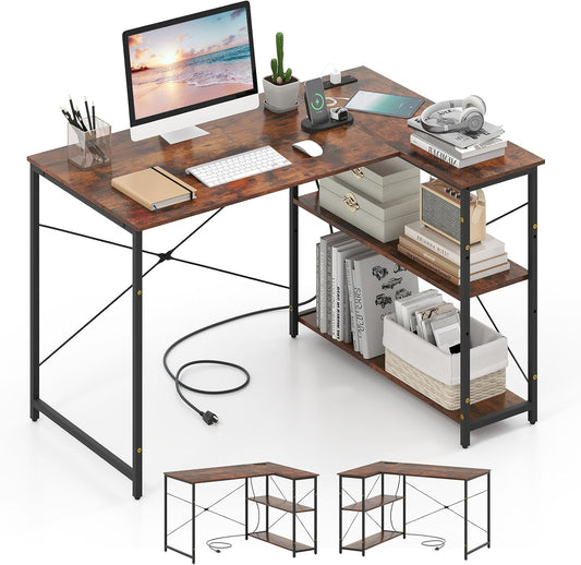 Tangkula L-Shaped Computer Desk with Power Outlets, USB & Type C Charging Port, Reversible Corner Desk with Adjustable Shelf, Heavy-Duty Metal Frame, Study Writing Table for Home Office